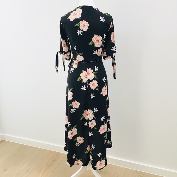 OSCAR ST. size S long black floral satin wrap dress with slit sleeves - Picture 6 of 8